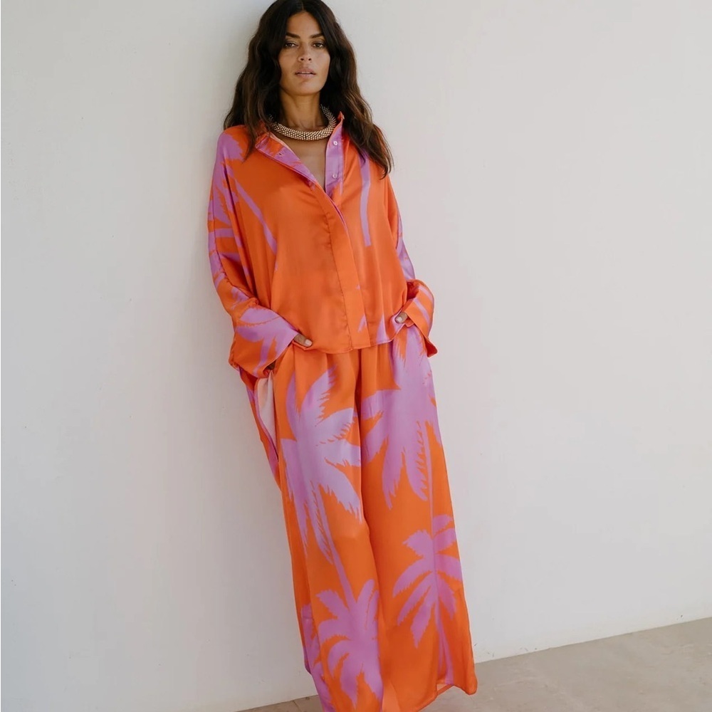 Eywasauls Malibu Luna Purple Palms Silk Top NWT Designer $390 Resort Wear Size S